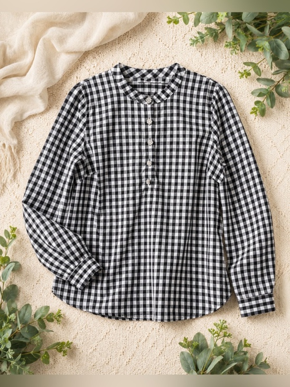 Talbots band collar Black & White Gingham Tunic Top rhinestone buttons